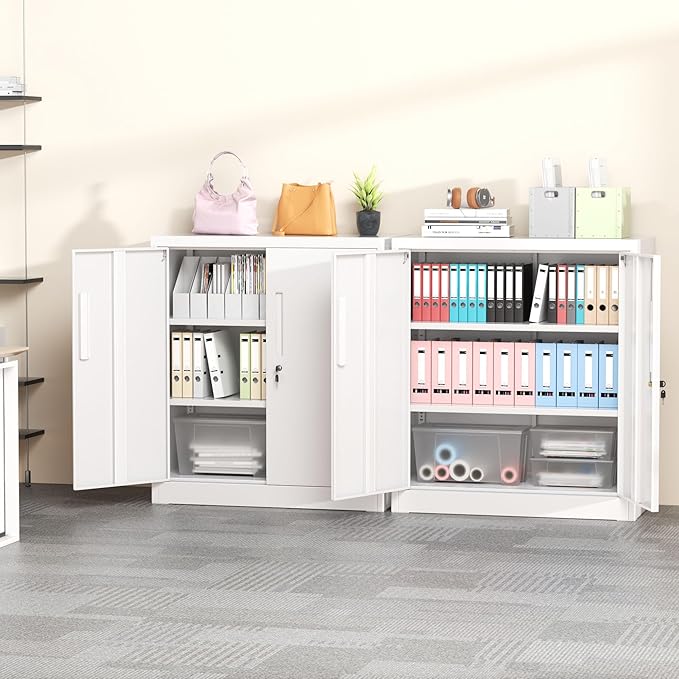 Greenvelly Metal Garage Storage Cabinet, White 36" Locking File Cabinet with 2 Doors and Adjustable Shelves for Home Office,School