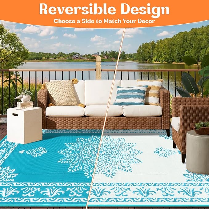 Yamaziot Outdoor Rug 9x18 Ft, Waterproof Plastic Straw Patio Rug, Reversible Backyard Carpet UV Resistant Portable RV Mat Clearance, Large Indoor Outdoor Rug for Patio, Porch, Deck, Balcony, Teal