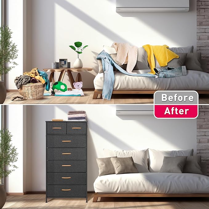 Tall Dresser for Bedroom, Vertical Storage Organizer Tower with 7 Drawers, Chest of Drawers with Fabric Bins, Steel Frame, Wood Top for Bedroom, Closet, Entryway- Grey