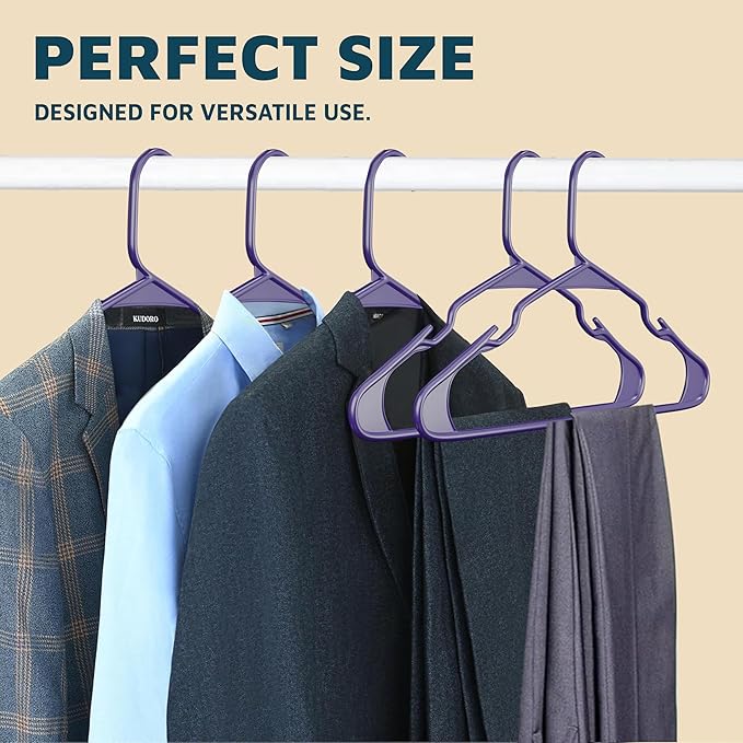 Plastic Clothes Hangers – Heavy Duty Hanger Set, for Organizing Clothes, Dresses, and Coat, Holds Up to 5 lbs, Space-Saving Hangers with Non-Slip Shoulder Grooves, Pack of 80, Purple