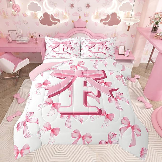 jejeloiu Kids Girls Cute Pink Bow Comforter Set Full Size Monogrammed Bedding Set Ultra Soft Personalized Initial F Duvet Quilt Coquette Bow Knot Quilt Set Room Decor Modern Fashion Comforter