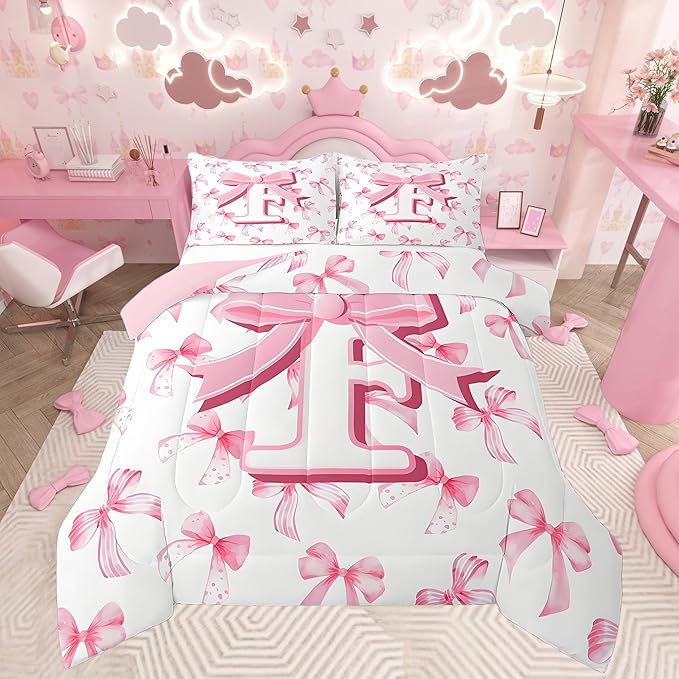 jejeloiu Kids Girls Cute Pink Bow Comforter Set Twin Size Monogrammed Bedding Set Ultra Soft Personalized Initial F Duvet Quilt Coquette Bow Knot Quilt Set Room Decor Modern Fashion Comforter