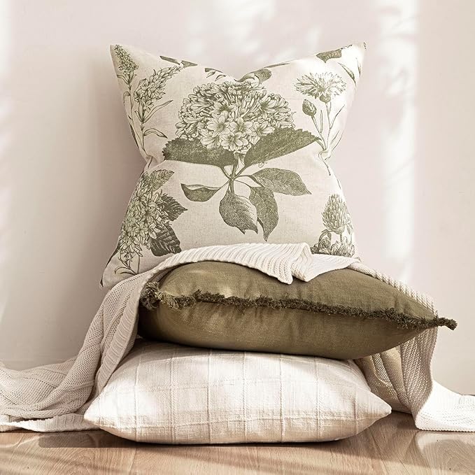 Foindtower Set of 2 Linen Floral Throw Pillow Covers Neutral Vintage Print Decorative Cushion Covers Farmhouse Boho Home Decor for Sofa Chair Couch Bedroom Living Room Outdoor,22×22 Inch,Sage Green