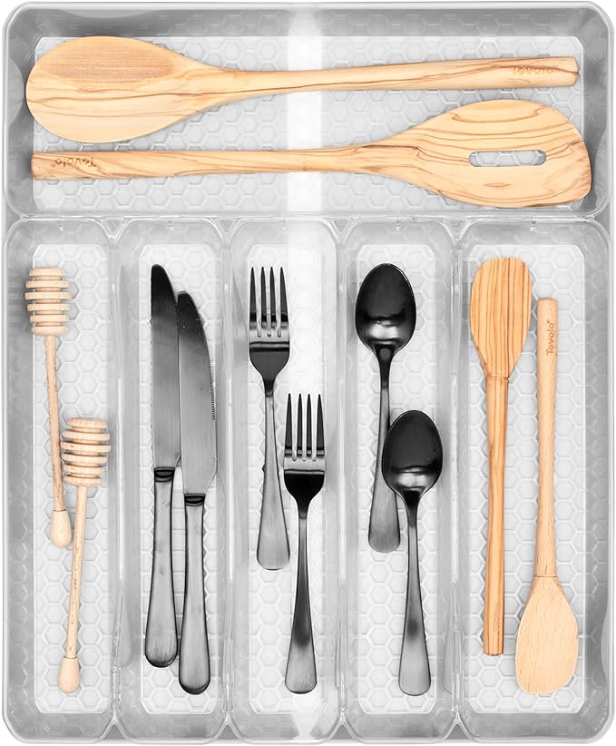 Spectrum Diversified Hexa Expandable Divided Drawer Organizer Tray Modern Kitchen Cutlery, Utensil, Silverware Holder, Cabinet Storage, 13 x 16, Clear Frost/Stone Gray