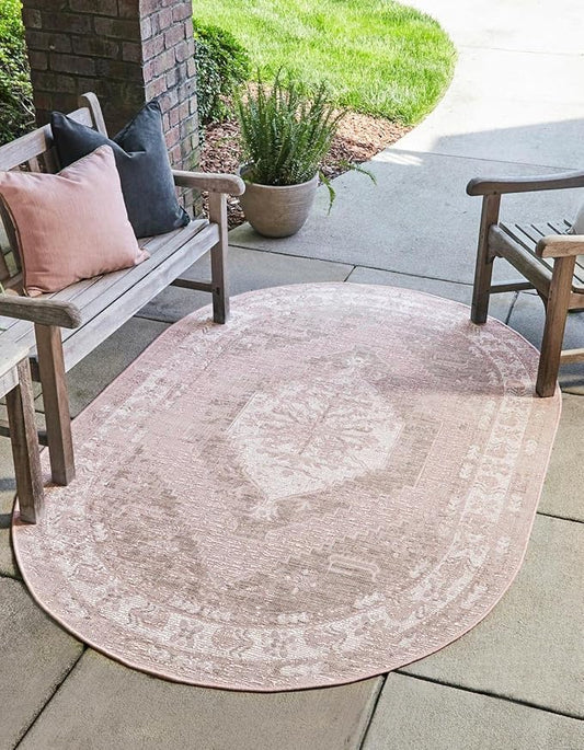 Unique Loom Outdoor Traditional Collection Area Rug - Valeria (7' 10" x 10' Oval, Pink/ Ivory)