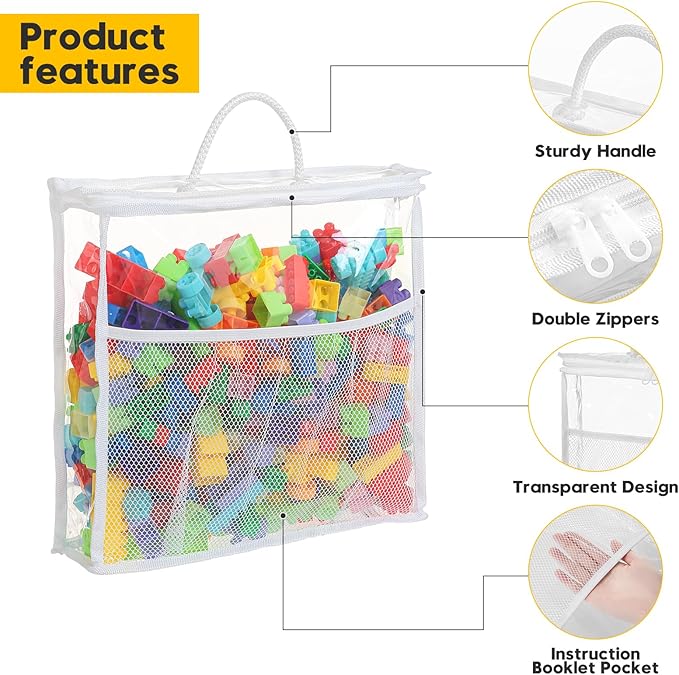 10 PCS Clear Zippered Toy Storage Bags with handle, Kids Toy Storage Organizer with Mesh Pocket for Instructions, Playroom Organizer Plastic Bags for Blocks Set Puzzles-White