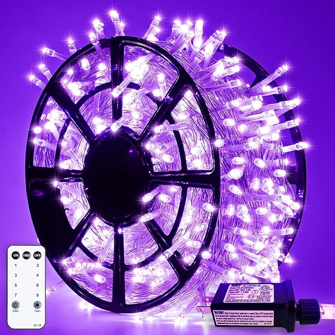 JMEXSUSS 163 FT 500 LED Purple Christmas Lights, 8 Modes String Light Indoor Outdoor Waterproof, Remote Control Purple Lights Plug-in for Roof Bedroom Party Christmas Tree Decorations