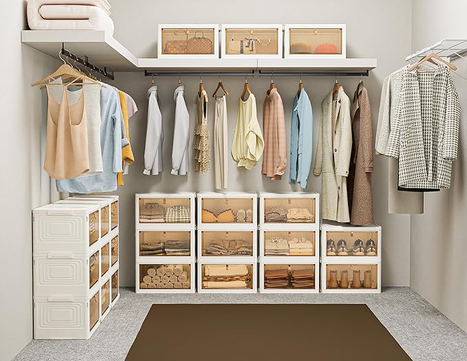 Closet Organizers and Storage 93Qt 3 Pack Closet Organizer Boxes for Clothes Stackable Storage Bins Foldable Storage Box for Clothes/Office Supplies/Snacks(31Qt X 3)