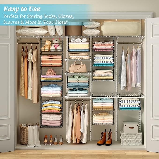 3-Tier Foldable Hanging Closet Organizer with 360° Rotating Hooks–Clothes Hanging Shelves for Small Spaces, Wire Basket Bin Storage for Closet Organizer System, Black