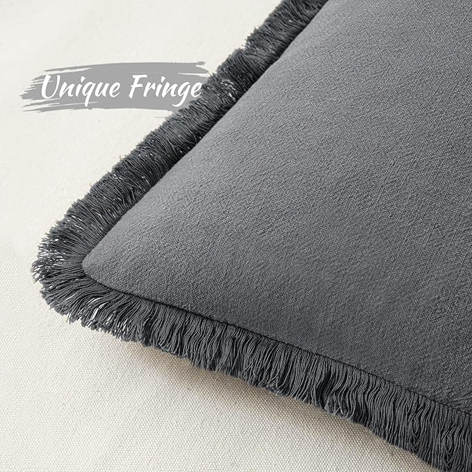 MIULEE Decorative Throw Pillow Covers Neutral Linen Fringe Throw Pillows Set of 2 Dark Grey Boho Farmhouse Cushion Covers with Tassels for Couch Sofa Bed Living Room Spring Home Decor 20x20 Inch