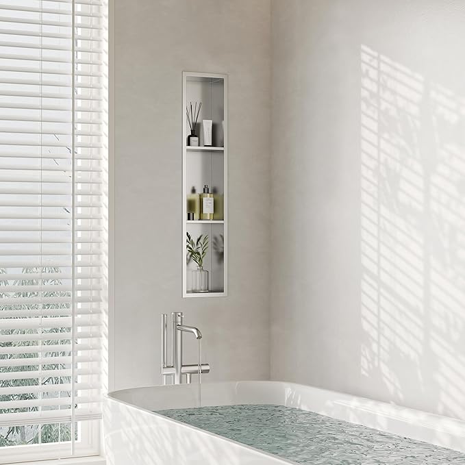 Stainless Steel Shower Niche 8" X 36", No Tile Needed Wall Niche Three-Tier, Recessed Shower Shelf for Bathroom Storage, Brushed Nickel