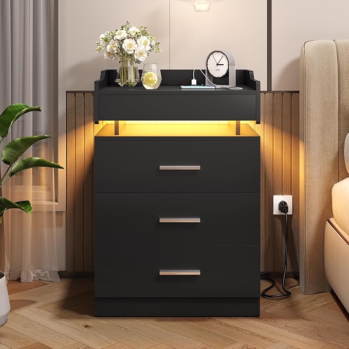 Large Nightstand with Charging Station and LED Lights, Black Night Stand with 3 Drawers and 1 Pull-Out Tray, End Side Table with Storage, Modern Bedside Table with Outlets