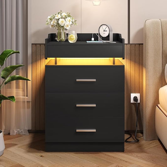 Large Nightstand with Charging Station and LED Lights, Black Night Stand with 3 Drawers and 1 Pull-Out Tray, End Side Table with Storage, Modern Bedside Table with Outlets