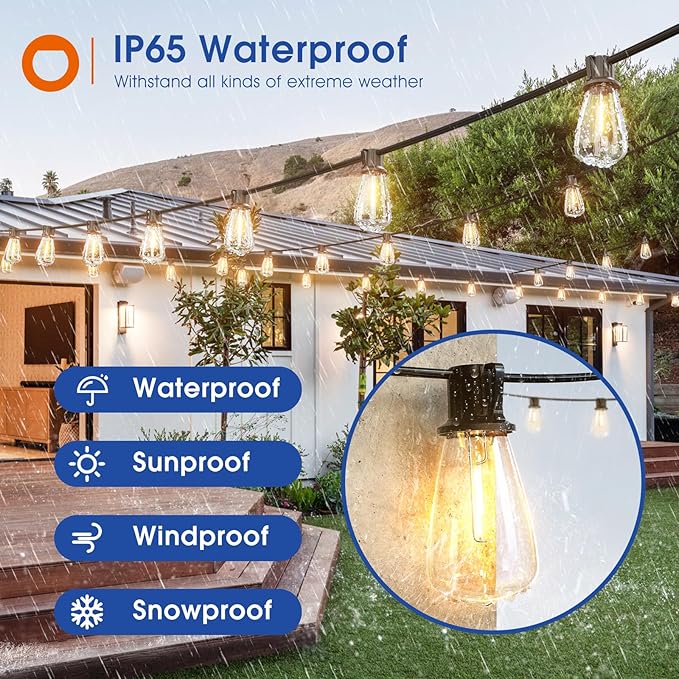 addlon 50FT LED Outdoor String Lights Waterproof Patio Lights with 27 Shatterproof ST38 Replaceable Bulbs(2 Spare), Dimmable Outside Hanging Light Connectable for Porch, Backyard, 2200K Warm Yellow
