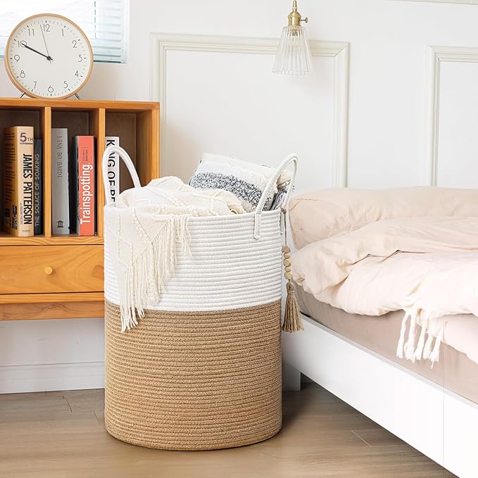 Goodpick Woven Laundry Basket Decorative Blanket Basket for Living Room, Tall Storage Basket for Clothes, Toys, Towels, Wicker Laundry Hamper 16 x 20 Inches, White and Jute