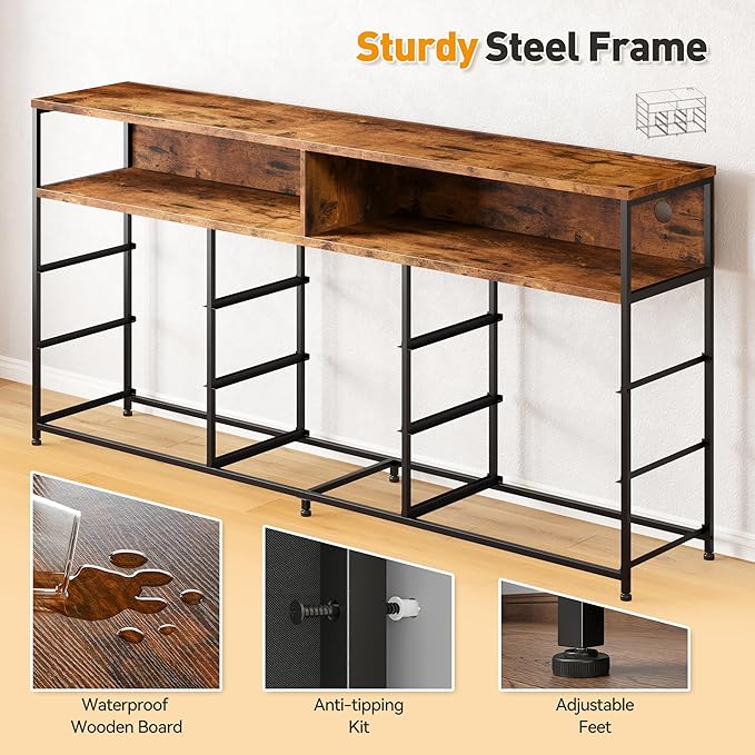 EnHomee 55” W Dresser for Bedroom with Charging Station & LED, 65" TV Stand for Bedroom with 9 Fabric Drawer & Open Storage Shelves for Closet, Rustic Brown, 11.81" D x 55.12" W x 35.43" H