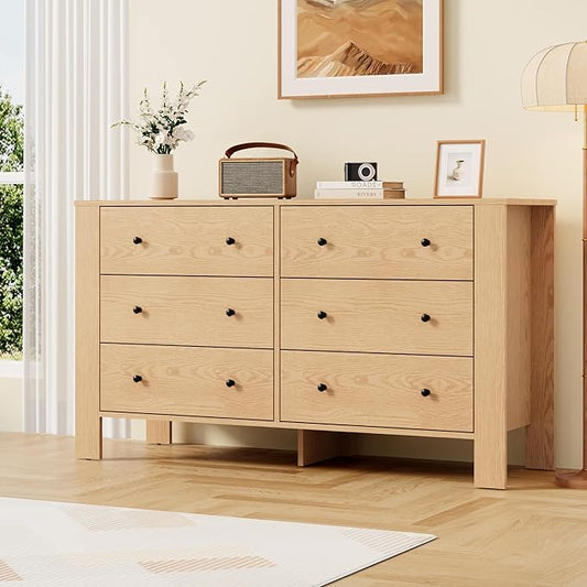 GarveeHome Natural Oak 6 Drawer Dresser for Bedroom, Modern Wide Dresser Organizer with Storage Drawers, Wooden Chests of Drawers for Bedroom, Entryway, Hallway, Home Office