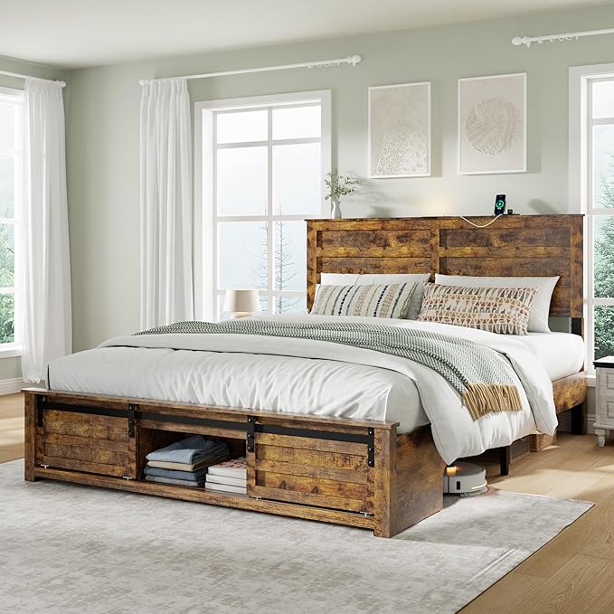 Queen Size Bed Frame with Wood Headboard, Wooden Platform Bedframe with Sliding Barn Door Footboard and Charging Station Easy Assembly, No Box Spring Needed (Brown, Queen)