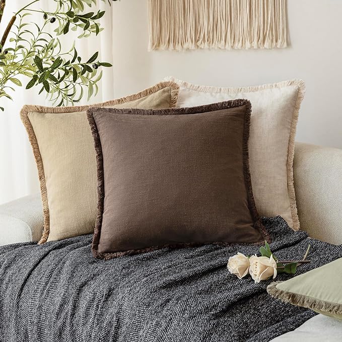 Foindtower Set of 2 Decorative Linen Fringe Throw Pillow Covers Boho Farmhouse Cushion Cover with Tassels Soft Accent Pillowcase for Couch Sofa Bed Living Room Home Decor,20×20 Inch,Reddish Brown