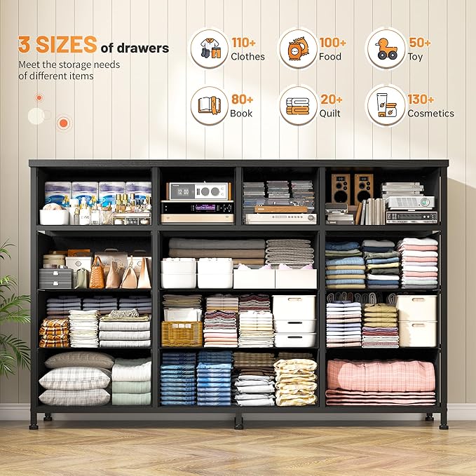 Grey Dresser with 13 Fabric Dresser，Tv Console for 40,50,55 inch, Entertainment Center, Storage Drawers for Living Room, Hallway, Entryway 47.2" Wx 33" H X 11.8" D