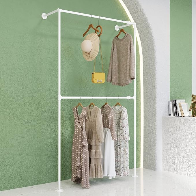 Industrial Pipe White Clothing Racks Wall Mounted, Industrial Clothes Racks for Hanging Clothes, Vintage Retail Garment Rack Display Rack