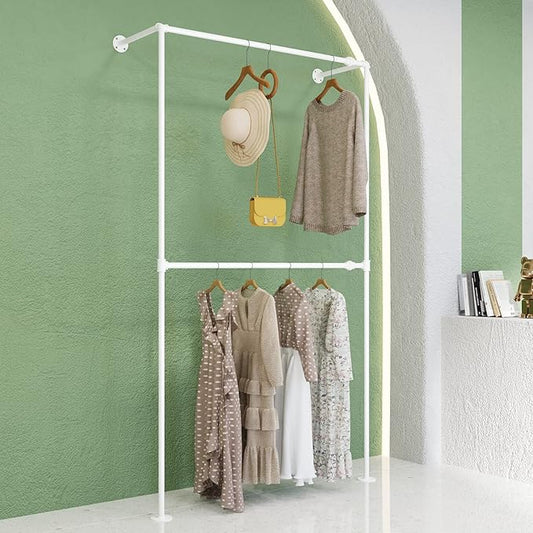Industrial Pipe White Clothing Racks Wall Mounted, Industrial Clothes Racks for Hanging Clothes, Vintage Retail Garment Rack Display Rack