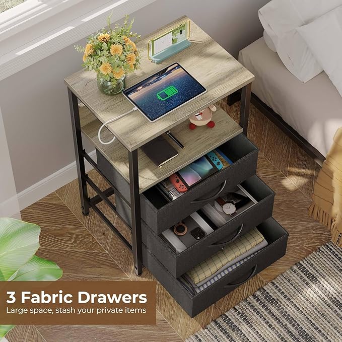 Seventable Nightstand with Charging Station and LED Light, Set of 2 Side Table with 3 Fabric Drawers, Bedside End Table with USB Ports and Outlets, Night Stand for Bedroom, Greige