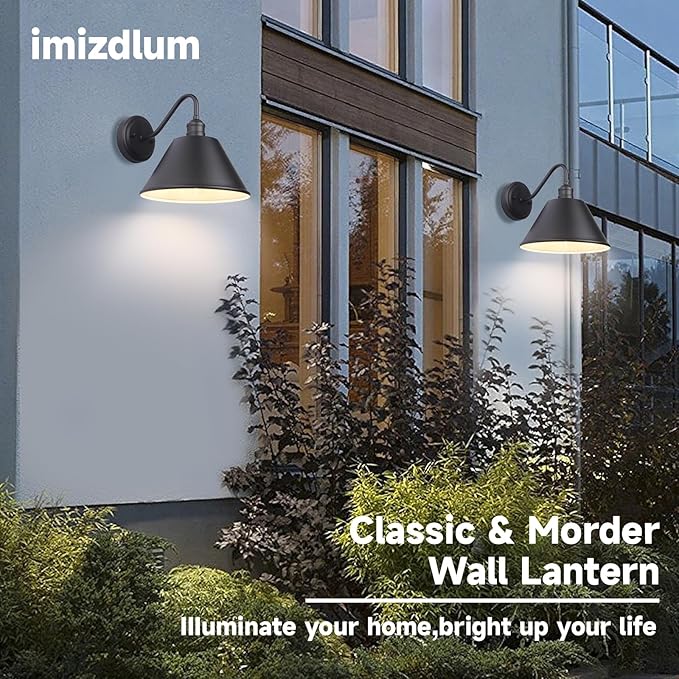 10 Inch Gooseneck Outdoor Light Fixtures, Outdoor Wall Sconces, Farmhouse Barn Light, Matte Black Wall Light Fixture, Waterproof & Anti-Rust, for Porch, Garage, Patio, Garden, 2-Pack