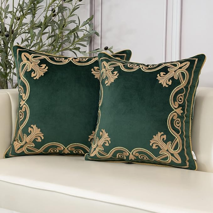 Aeckself European Luxury Velvet Throw Pillow Cover 20 x 20 Inch, Embroidery Floral Pillow Cover Home Decor Pillowcase for Couch Bedroom Living Room, Dark Emerald Green and Gold
