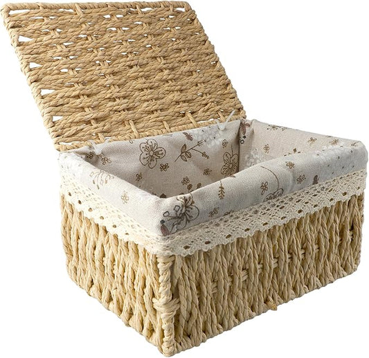 Wicker Storage Basket, Basket with Lid, Practical Wovenbaskets for Storage, Multi-Purpose Wickerbasket with Lid, Suitable for Bedroom, Laundry Room(Natural Color)