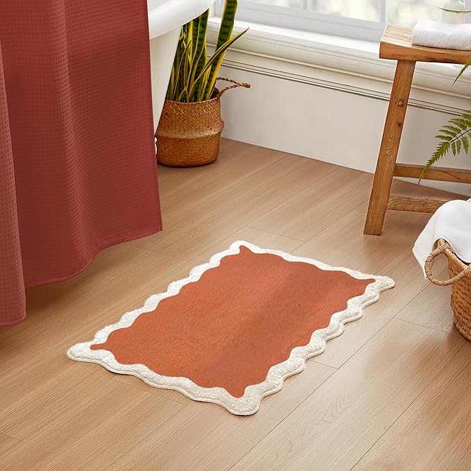 MONDAY MOOSE Bath Mat with Scalloped Wavy Ripple Design, Microfiber Absorbent Non Slip Tufted Rug for Floor, Shower or Kitchen (16x24 inch, Terracotta)