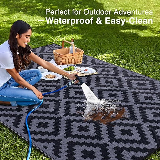 OLANLY Waterproof Outdoor Rug 10x14 ft, Outdoor Plastic Straw Rug for Camping, RV Mat Outside, Indoor Outdoor Carpet for Porch, Deck, Backyard, Balcony, Picnic, Black & Grey
