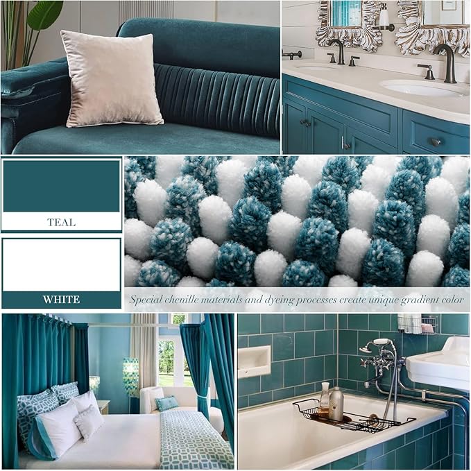 BSICPRO Bathroom Rugs and Mats Sets, 2 Piece Thick Absorbent Chenille Bath Mat Rug Set Non Slip, Soft Shaggy Bath Room Floor Mats for Bathroom, Machine Washable (Teal, 20" x 47" Plus 20" x 32")