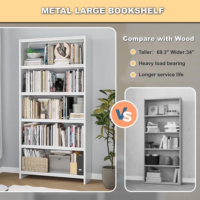 5-Tier Bookshelf, White Bookshelf with Storage Shelves, Metal Bookshelves, 69" Tall Bookcase for Living Room, Library, Office, Bedroom, Including Book Stopper,Simple Assembly