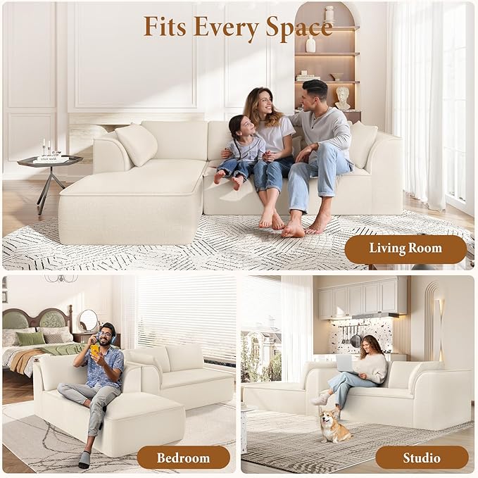 Vesgantti 106" Boneless Couch with Chaise, Deep Seat Cloud Sofa Sectional, Chenille Memory Foam Modular Couches for Living Room, No Assembly Required (Creamy Beige, Left-Facing Chaise)