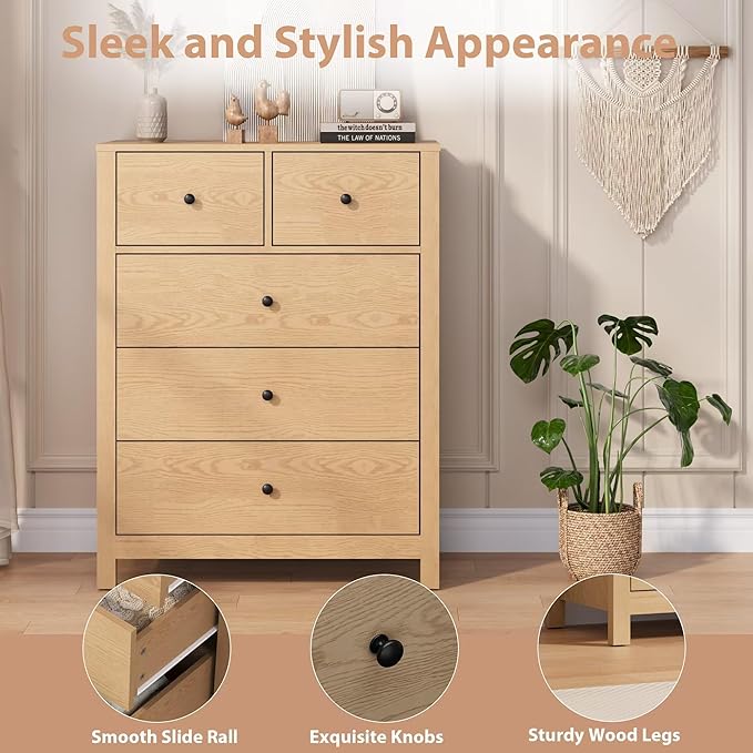 GarveeHome Natural Oak 5 Drawer Dresser for Bedroom, Modern Tall Dresser Organizer with Storage Drawers, Wooden Chests of Drawers for Bedroom, Entryway, Hallway, Home Office