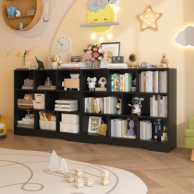 Kids Book Shelf Set of 2, 8 Cubes Storage Organizer Montessori Shelf, 3-Tier Wooden Kids Bookcase, Toy Storage Organizer for Children, Black Toddler Bookshelf Cube Shelf for Kid’s Room, Classroom