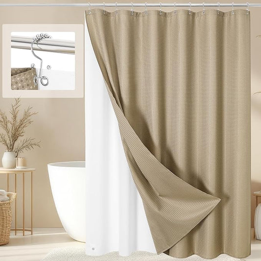 3 in 1 Shower Curtain Set, Beige Waffle Shower Curtain and PEVA Liner Set with 12 Stainless Steel Shower Curtain Hooks, Tan Waterproof Fabric Shower Curtains for Bathroom, 72 W x 72 H