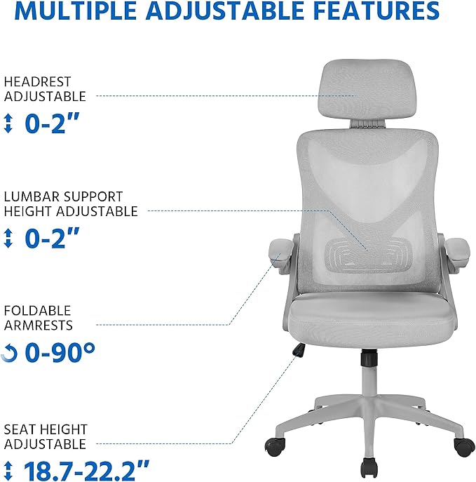 Yaheetech Ergonomic Mesh Office Chair, High Back Desk Chair with with flip-up Armrests, Adjustable Padded Headrest Computer Chair with Lumbar Support for Home Oiffce Game Room, Full Gray