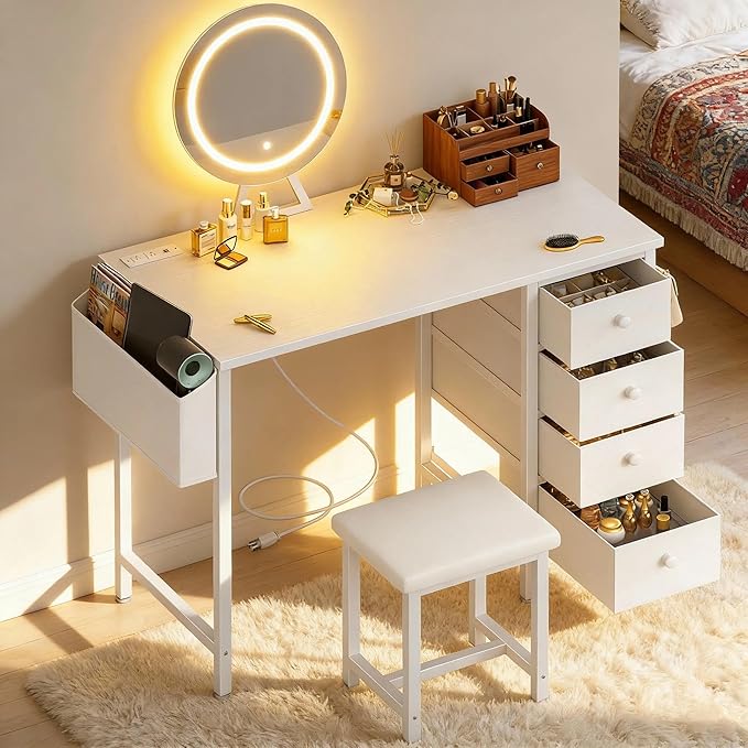 White Vanity Desk with Mirror and Light- Makeup Vanity Set Table with Chair, Storage, Lighted Mirror, 4 Large Fabric Drawers & Power Outlet, Dressing Table Vanities for Girls Bedroom