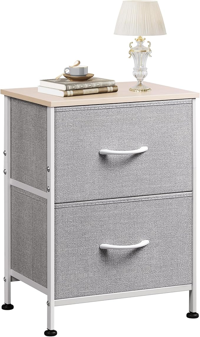 WLIVE Night Stand, Gray Nightstand with 2 Fabric Drawers, Small Dresser for Bedroom, Closet, College Dorm, End Table Side Furniture, Wood Top, Light Grey
