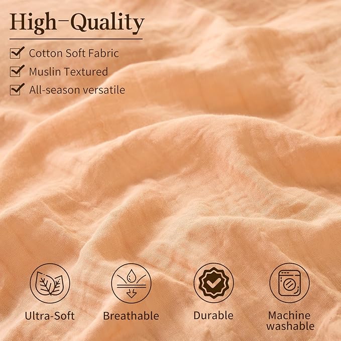 MEISHANG Muslin Duvet Cover King Size - 100% Organic Cotton, Soft Textured Gauze Weave Comforter Cover for Breathable All-Season with Zipper Closure - 3 Piece Set (King, Cameo Rose)
