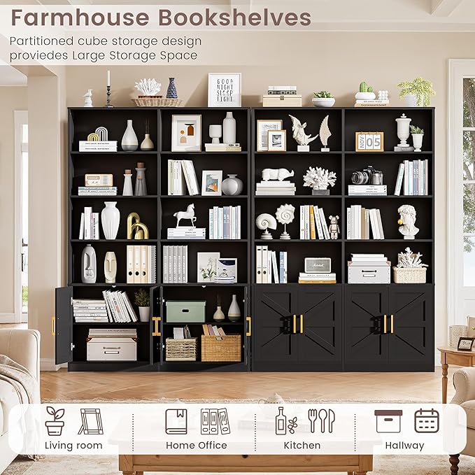 Black 6 Tier Bookshelf with Storage Set of 2, 71” Tall Farmhouse Bookcase with 8 Doors and Adjustable Shelves, Wooden Floor Standing Display Book Shelf Organizer for Home Office