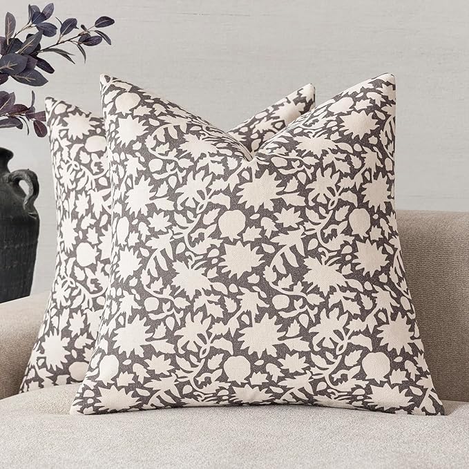 Foindtower Set of 2 Decorative Neutral Floral Throw Pillow Covers Accent Farmhouse Cushion Covers Boho Vintage Pillowcase for Couch Sofa Bedroom Living Room Home Decor Outdoor,18×18 Inch,Rustic Gray