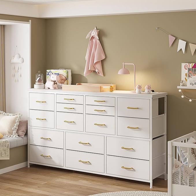 EnHomee Dressser for Bedroom Dresser with 16 Drawers TV Stand for Bedroom for 60" TV Long Dressers & Chests of Drawers Large Dresser with Charging Station, 51.5" W*11.7" D*34.6" H, White