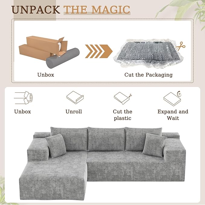 YESHOMY Sectional Couch, 108" Boneless Couches for Living Room, Modular Sectional Sofa with Deep Seat, Cloud Comfy Couch with L-Shape Chaise, No Assembly Required (Chenille, Pearl Gray)