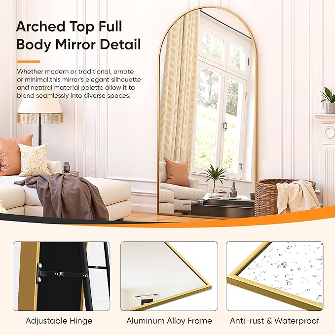 Suidia Full Length Mirror, 58"x19" Floor Standing Mirror Freestanding, Full Body Mirrors with Stand for Bedroom, Hanging Mounted for Living Room Cloakroom, Gold, Arched Style
