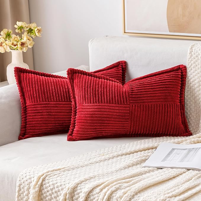 MIULEE Christmas Decorative Lumbar Throw Pillow Covers for Couch Bed Livingroom 12x20 Inch Set of 2 Red Boho Accent Throw Pllows Broadside Striped Patchwork Soft Corduroy Pillowcases