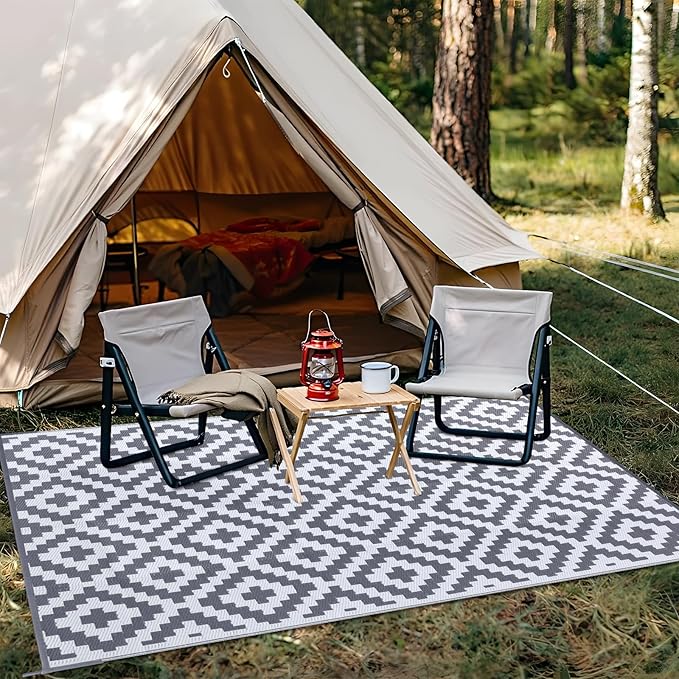 OLANLY Waterproof Outdoor Rug 9x12 ft, Outdoor Plastic Straw Rug for Camping, RV Mat Outside, Outdoor Carpet for Porch, Deck, Backyard, Balcony, Picnic, Grey & White