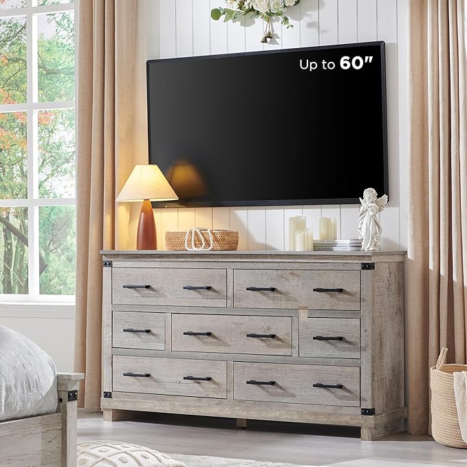 RedLemon Farmhouse 7 Drawer Dresser for Bedroom, Wood Large Chest of Drawers with Thick Plank Styling, Rustic Closet Dresser for Living Room, Light Rustic Oak